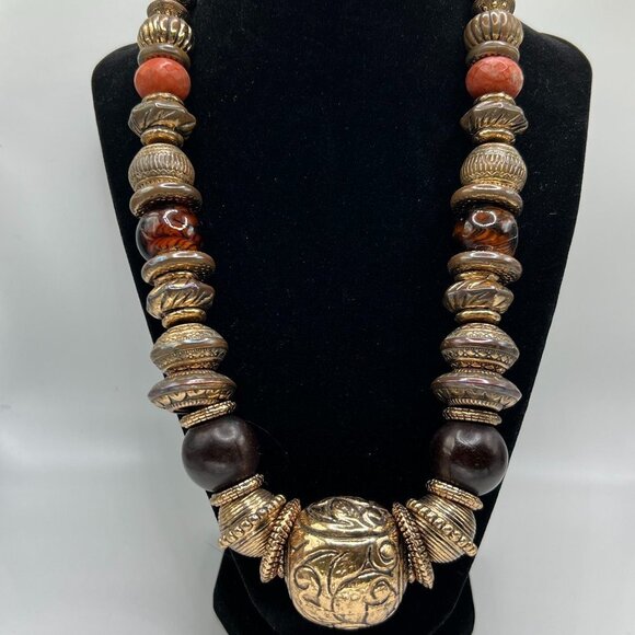Boho Necklace Bronze Brown Orange Black - Picture 1 of 2